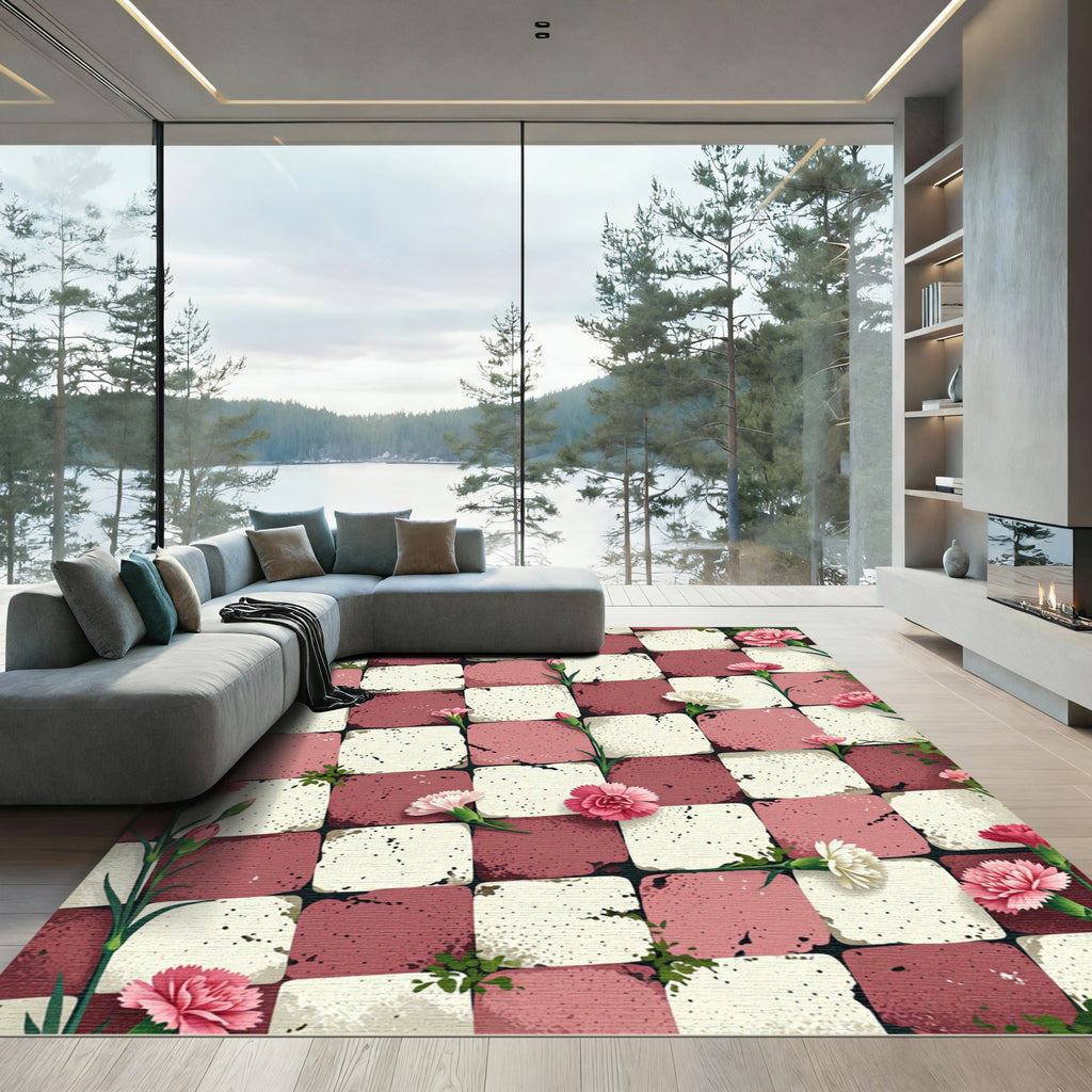 Pink White Checkerboard Floral Rug