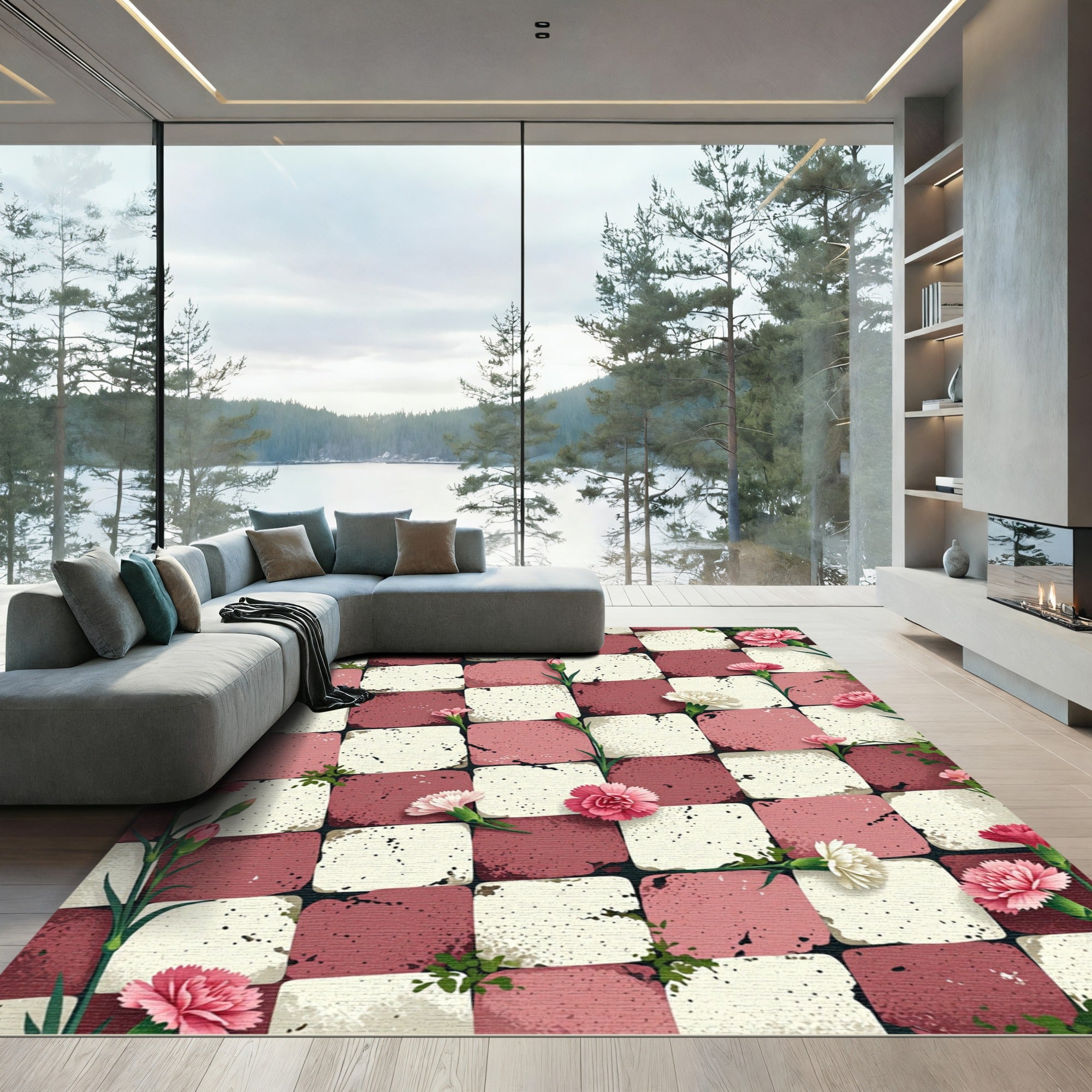 Pink White Checkerboard Floral Rug