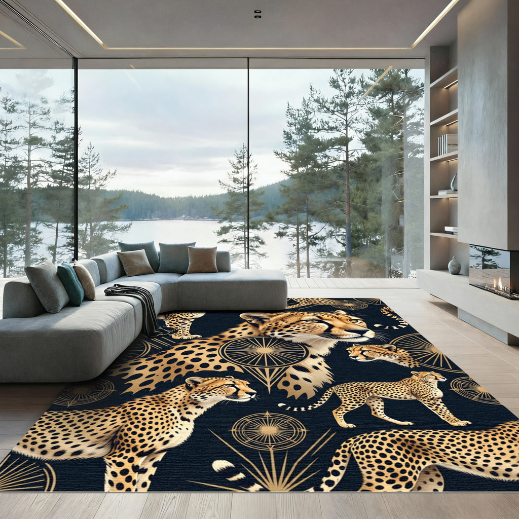 Glamorous Gold Cheetah Black Art Deco Rug
