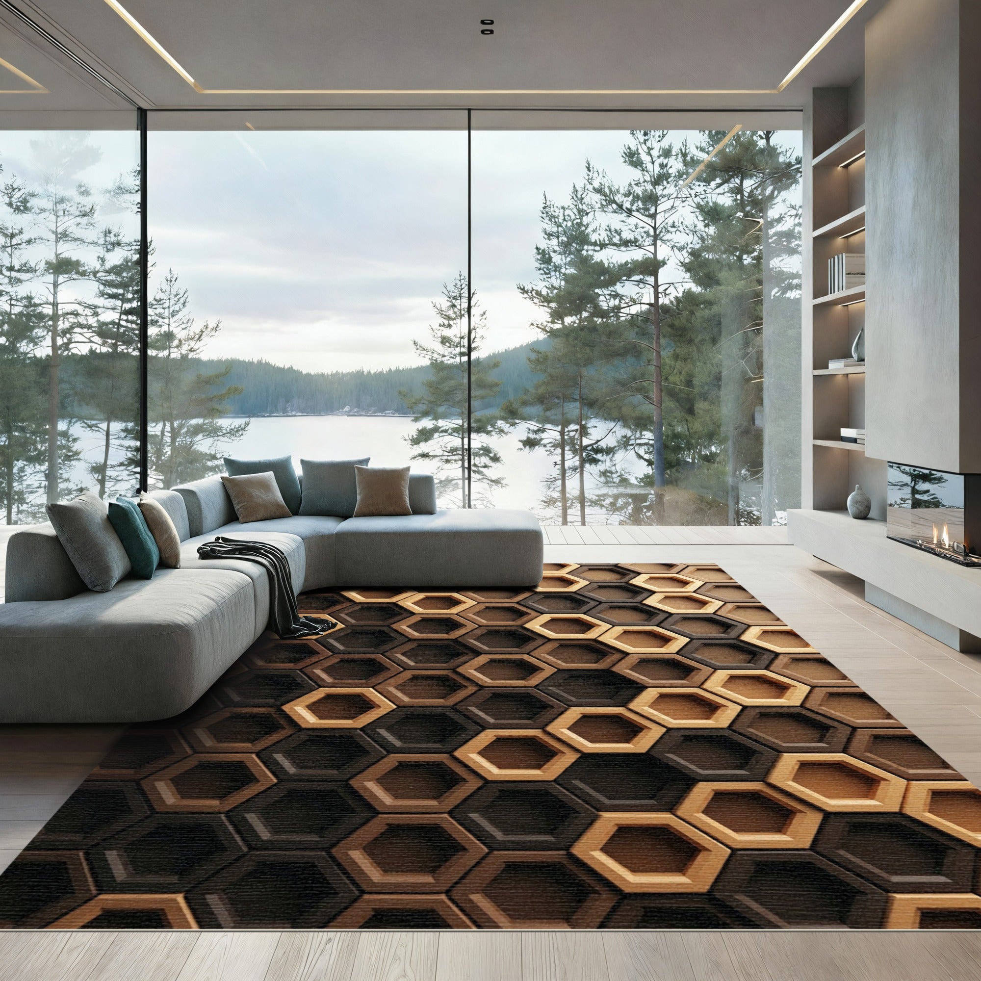 Modern Earthy Brown Geometric Hexagon Rug