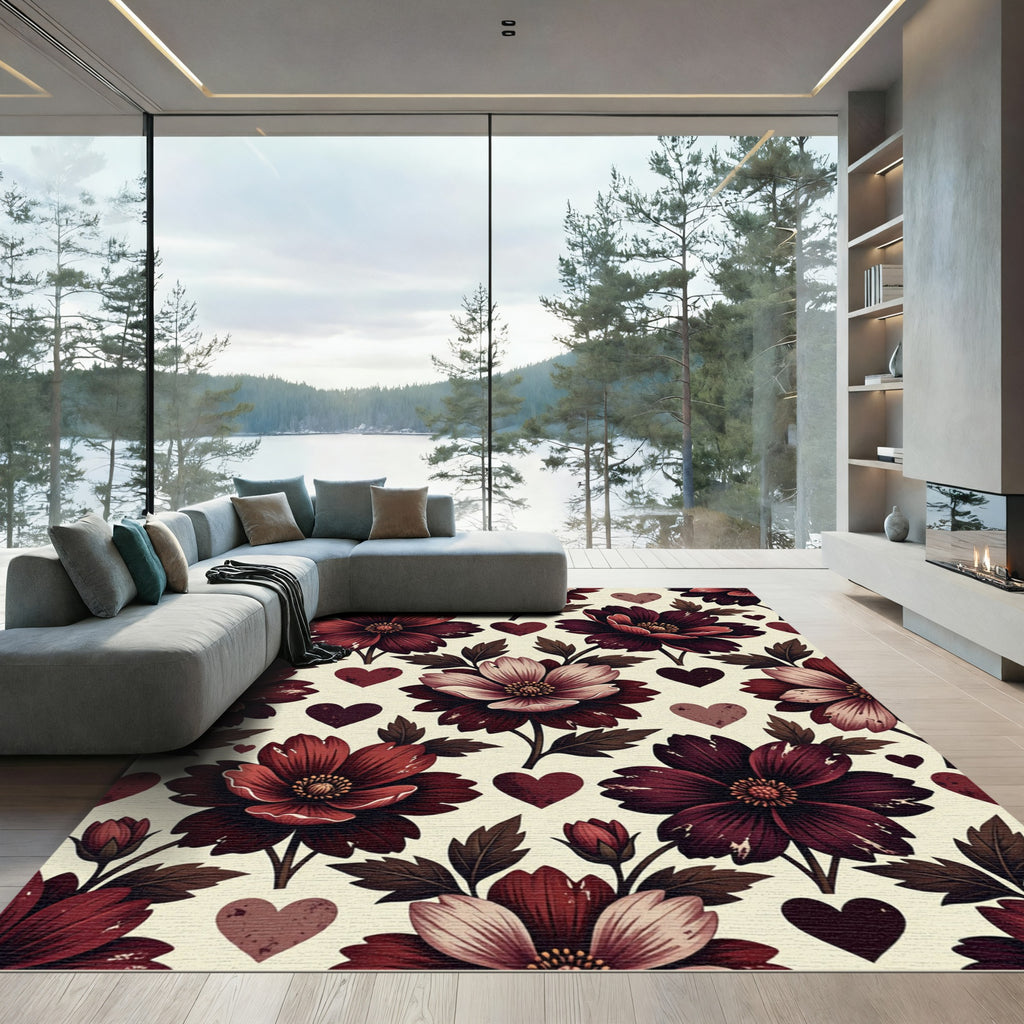 Romantic Crimson Floral Heart Tapestry Rug