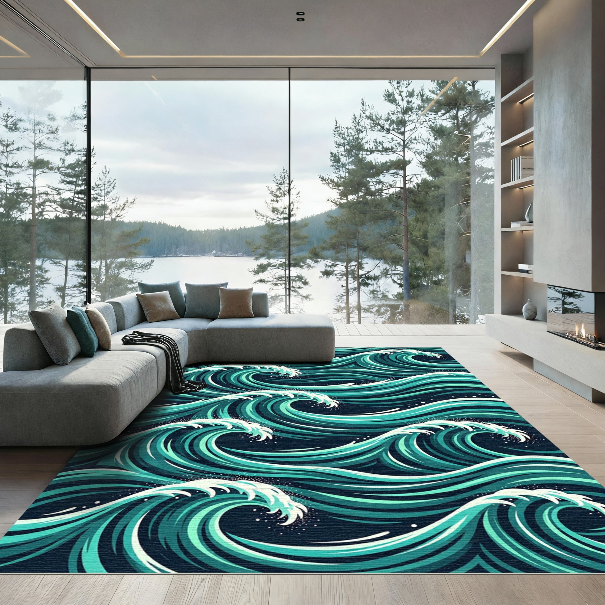 Oceanic Teal Abstract Swirling Wave Rug