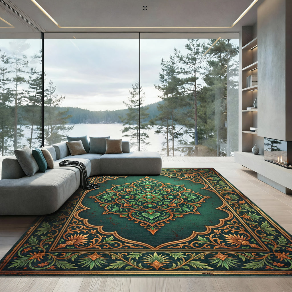Emerald Golden Floral Ornate Medallion Rug