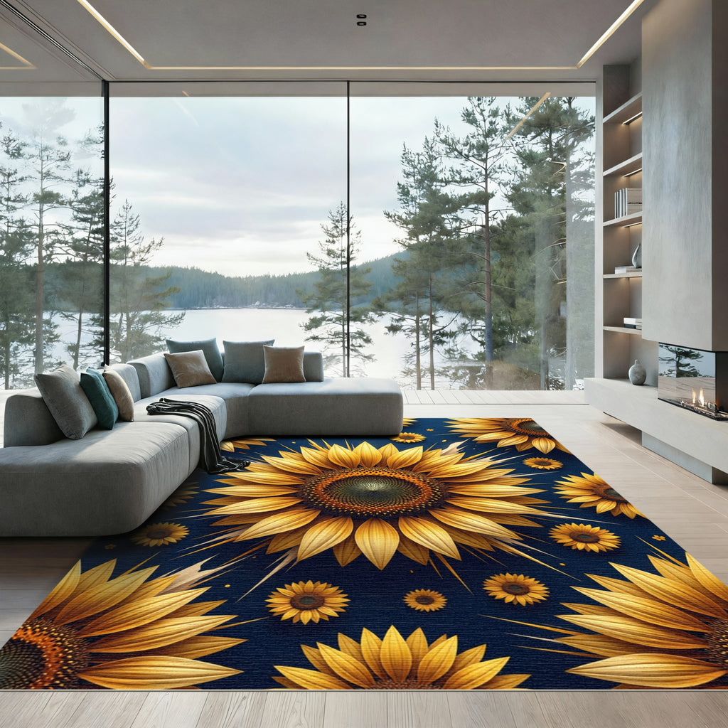 Radiant Golden Sunflowers on Navy Blue Rug