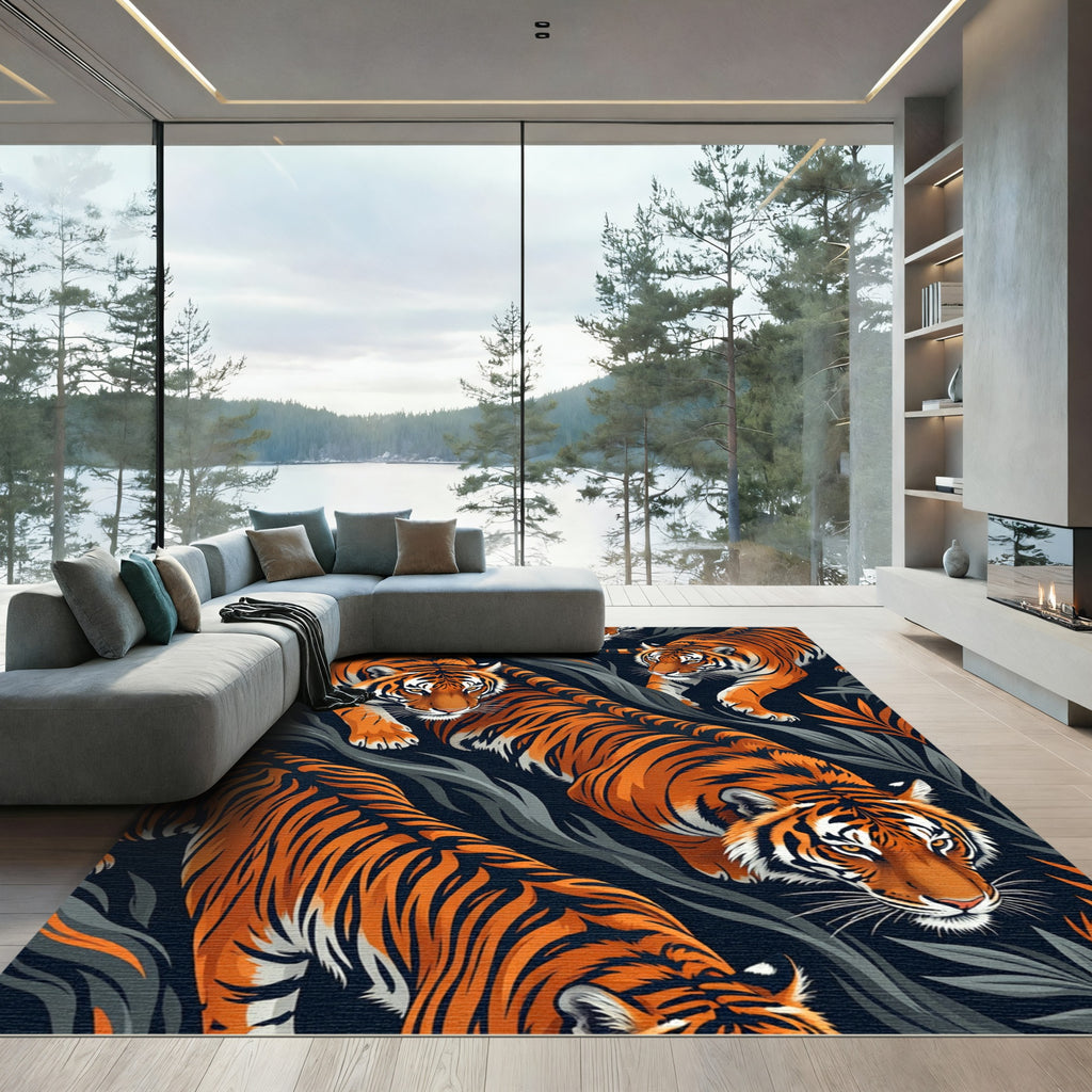 Bold Orange Tiger Jungle Foliage Rug