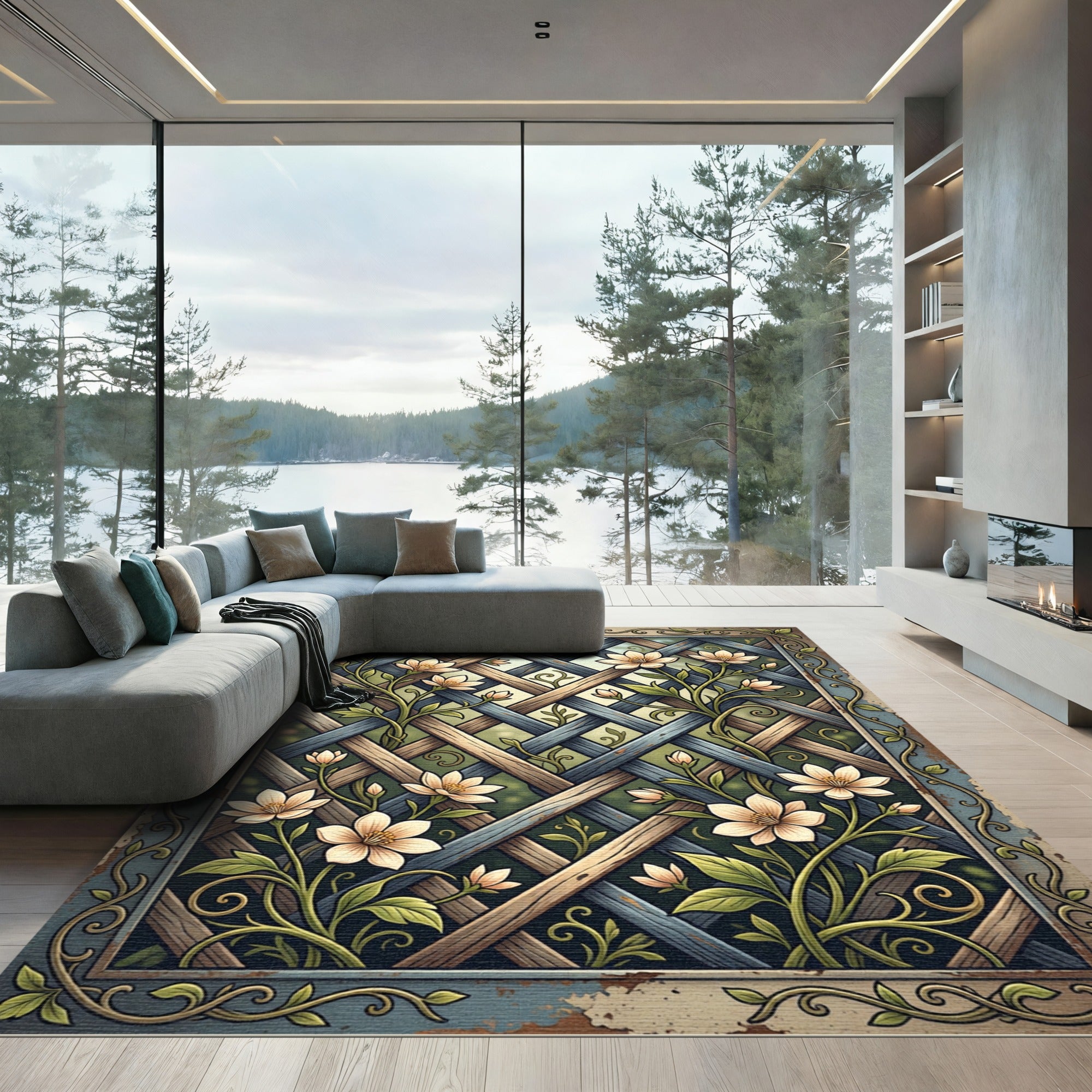 Vintage Lattice Floral Trellis Mural Rug