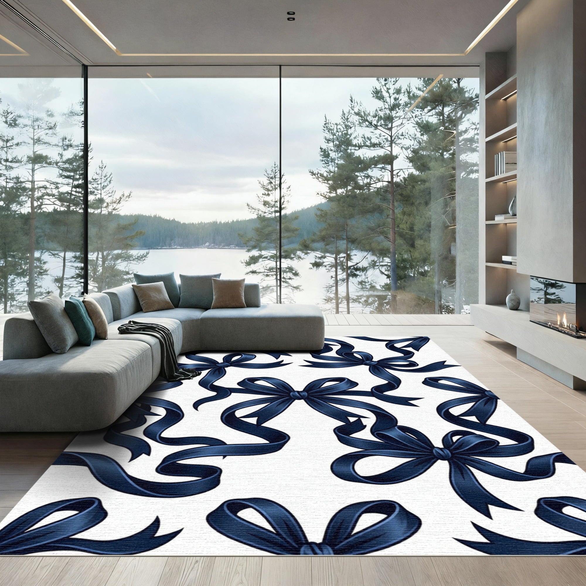 Elegant Midnight Blue Silk Ribbon Bows Rug
