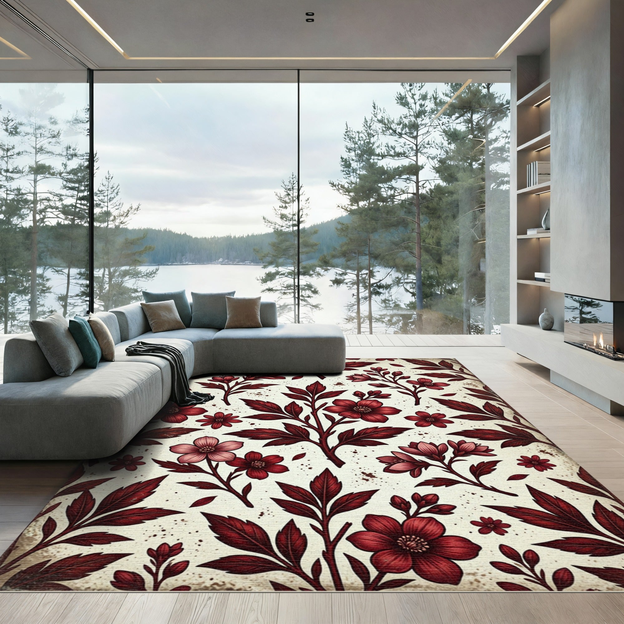 Deep Red Floral Branch Arrangement Rug