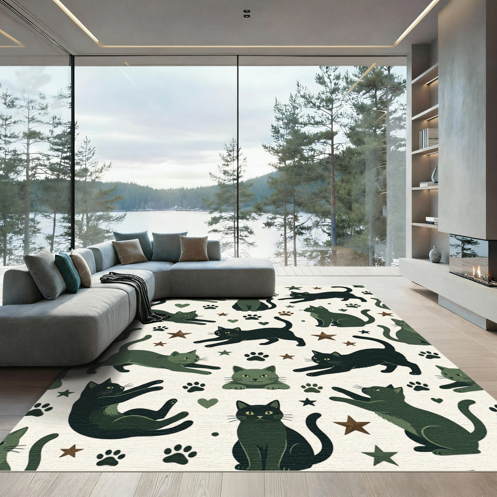 Whimsical Sage Cat and Star Illustration Rug