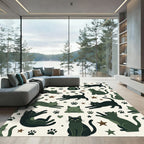 Whimsical Sage Cat and Star Illustration Rug