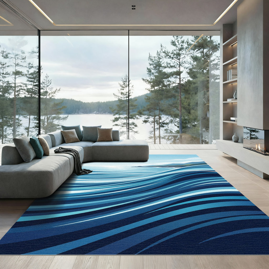 Deep Blue Abstract Ocean Swirl Rug