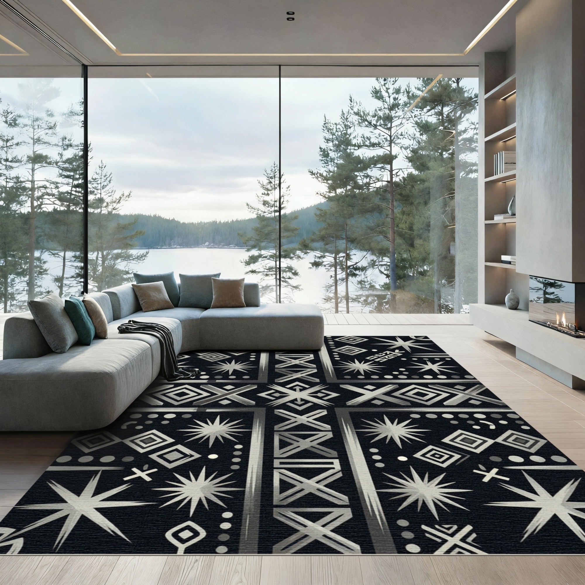 Silver Geometric Starburst Tribal Rug