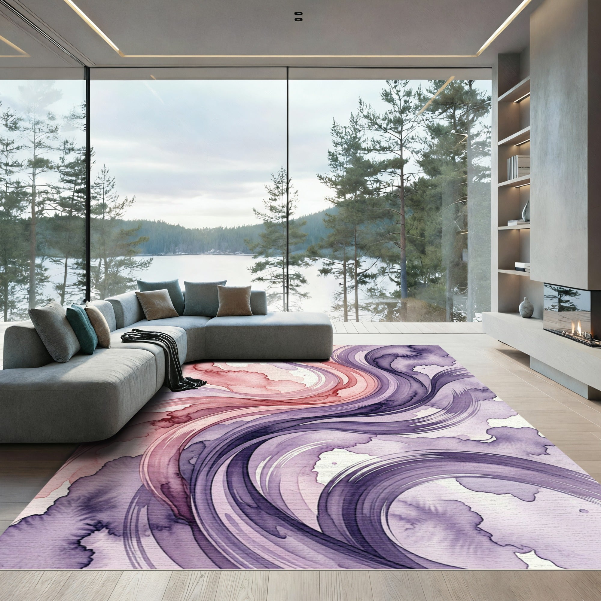 Ethereal Blush and Plum Abstract Swirl Rug