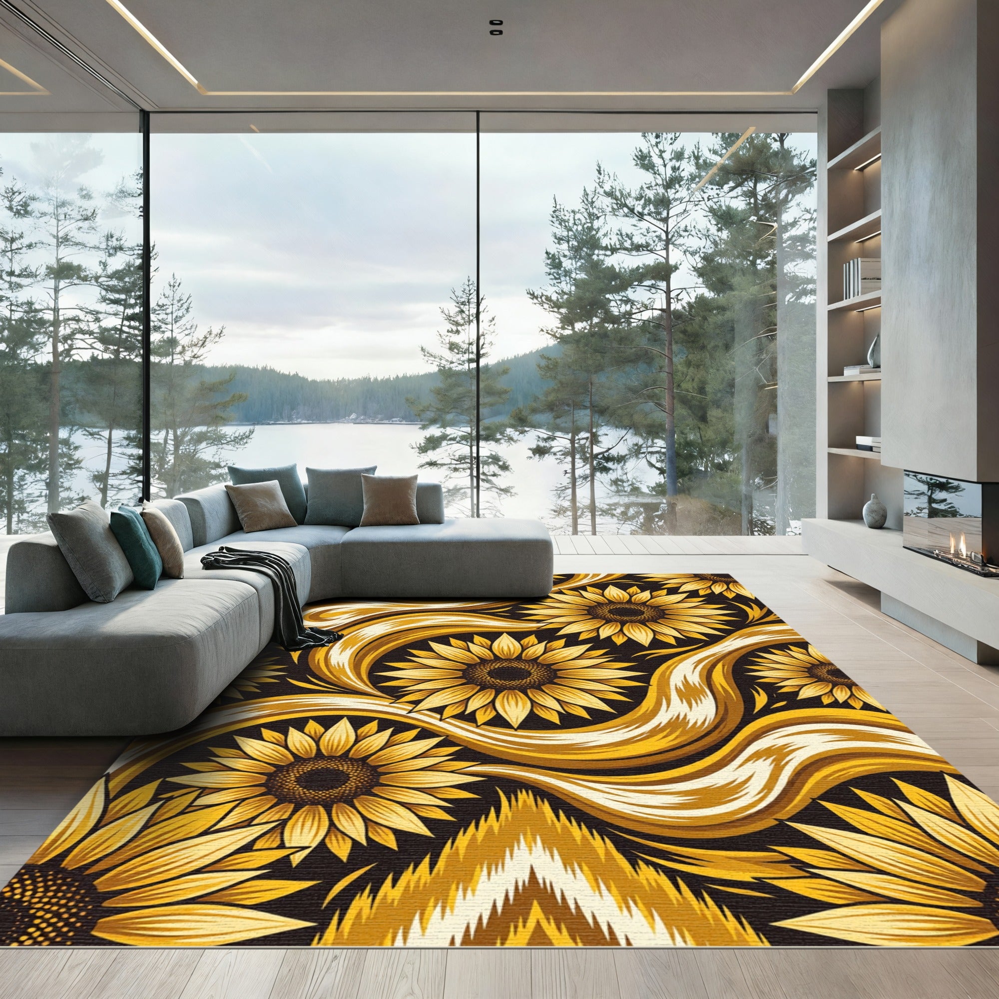 Golden Sunflower Swirl Floral Art Rug
