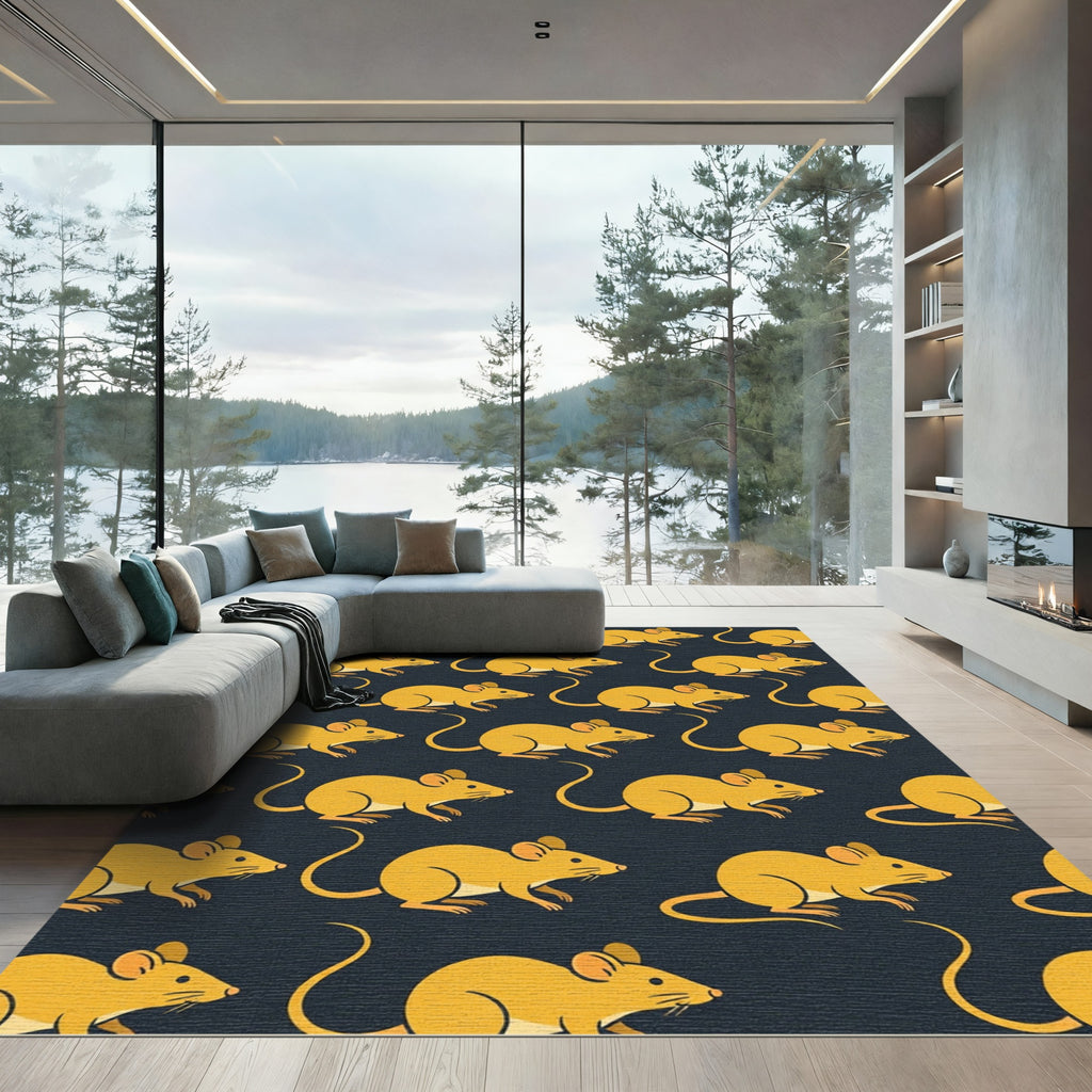 Playful Golden Mouse Dark Navy Background Rug