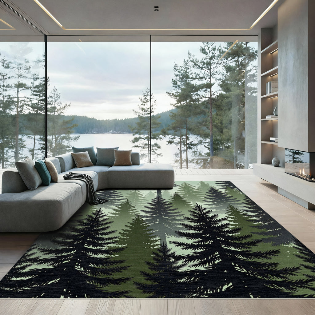 Matte Foggy Evergreen Forest Panorama Rug