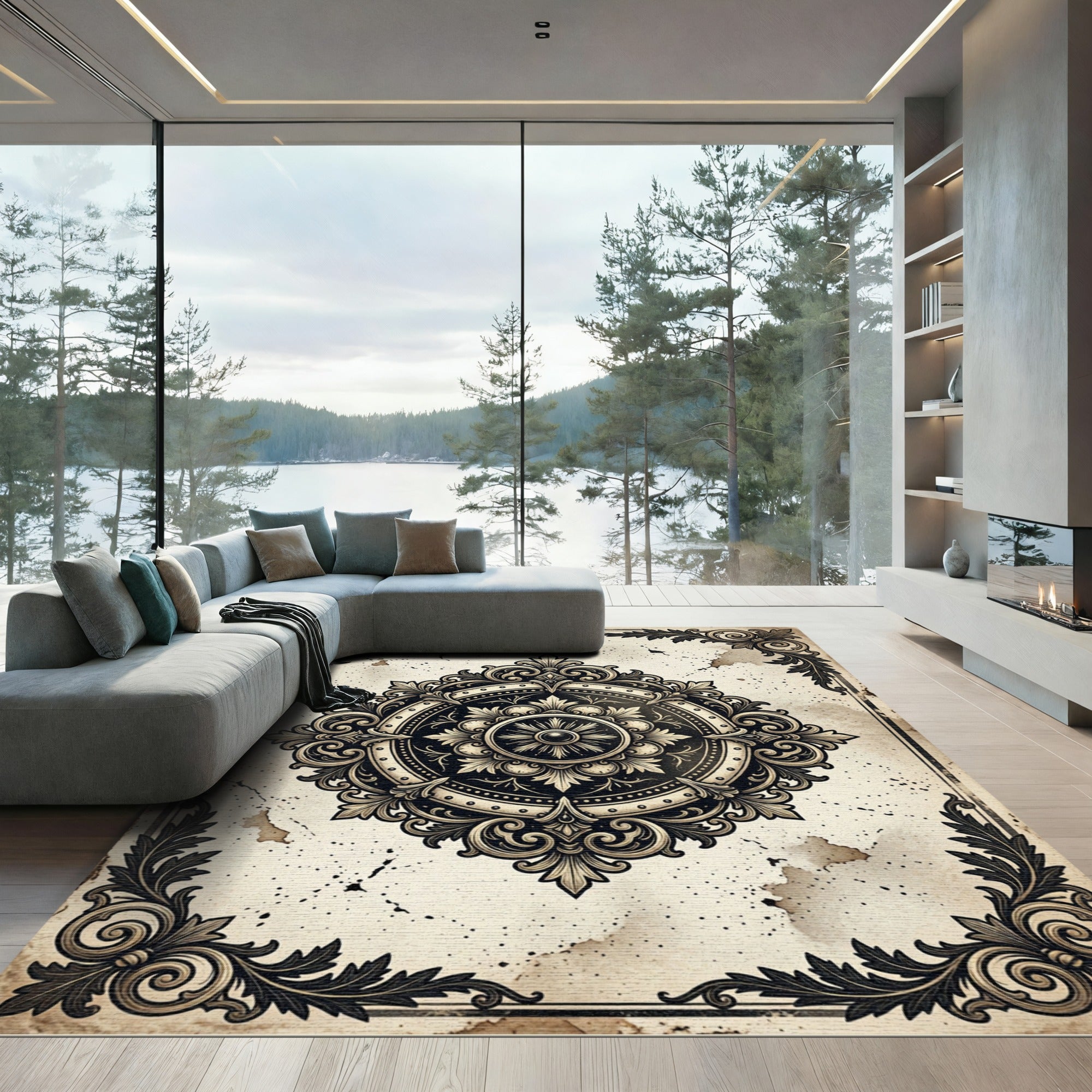 Ornate Black Cream Vintage Medallion Rug