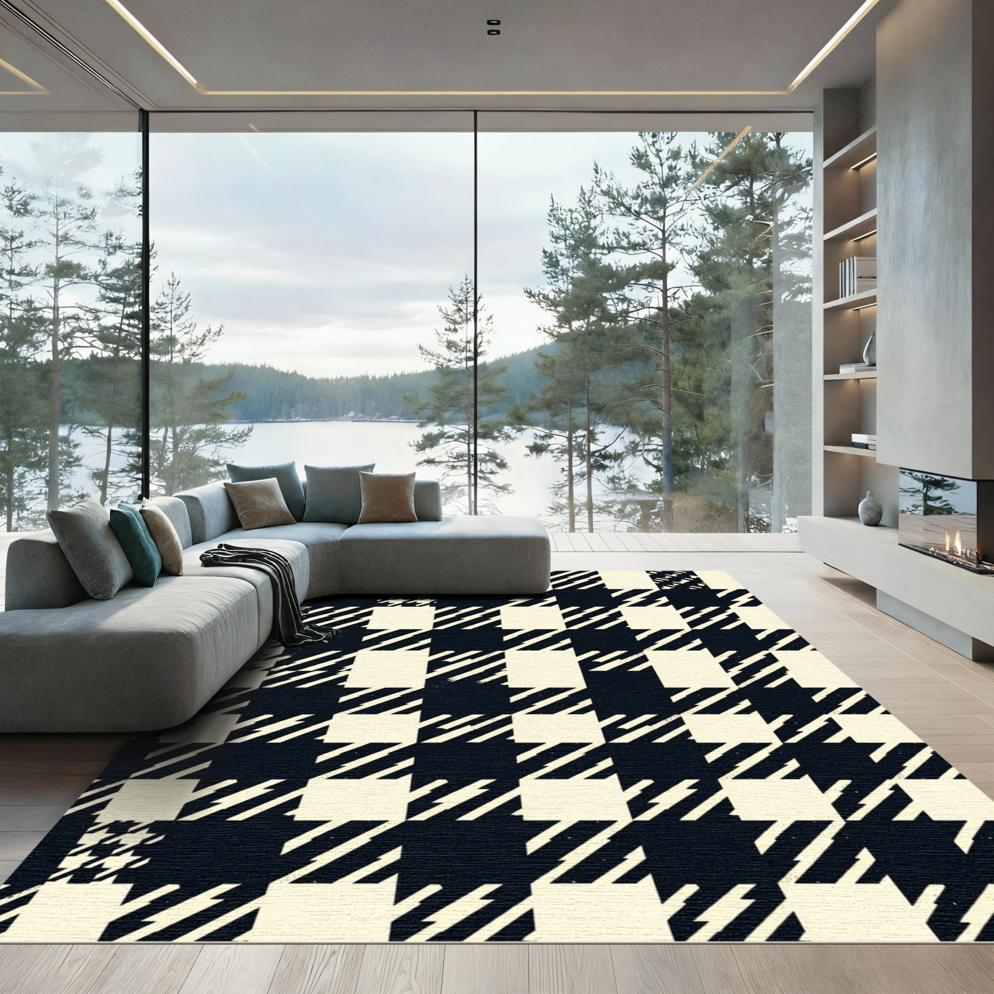 Monochrome Geometric Houndstooth Check Grid Rug