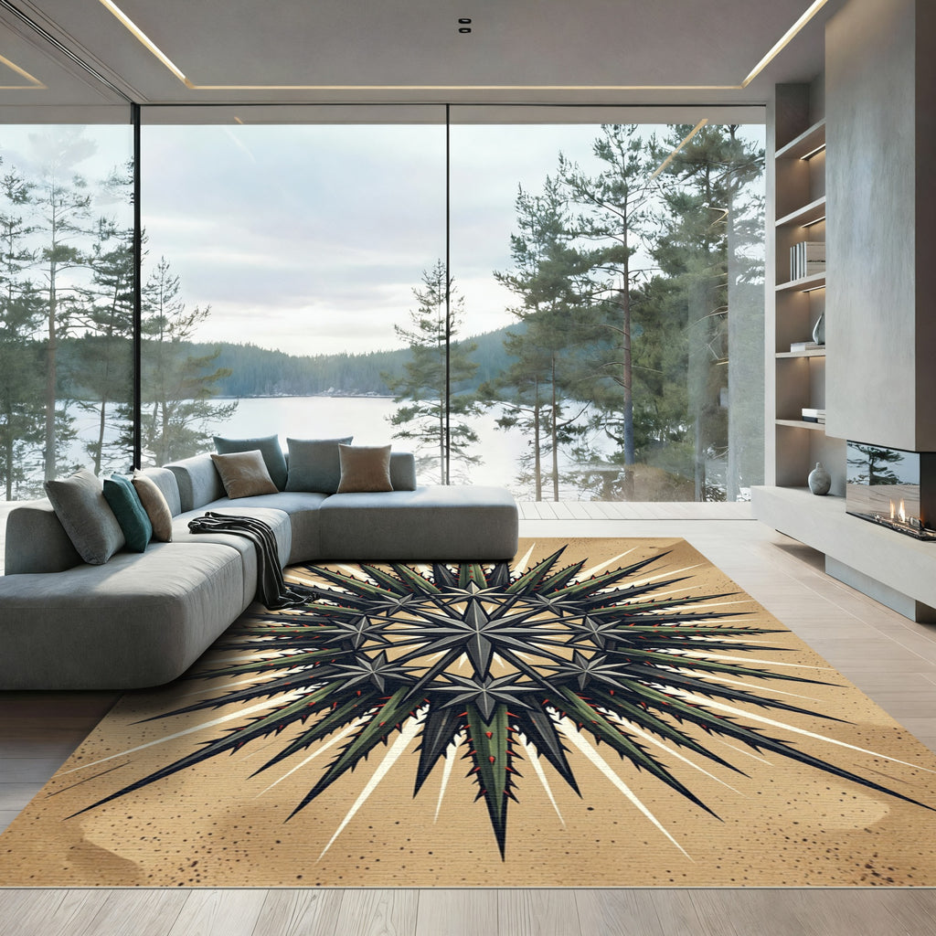 Earthy Green Thistle Compass Star Medallion Rug