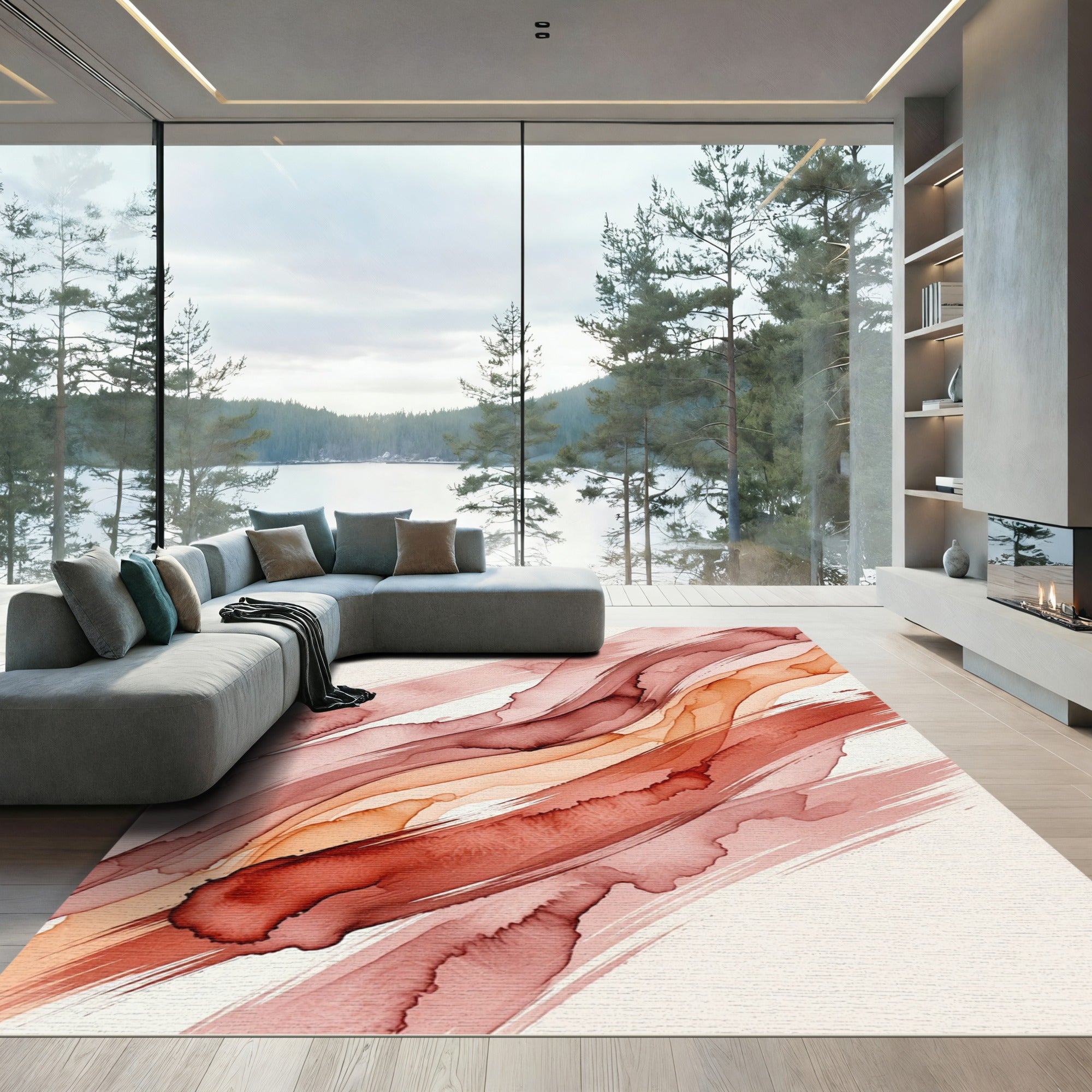 Abstract Terracotta Blush Fluid Wave Rug