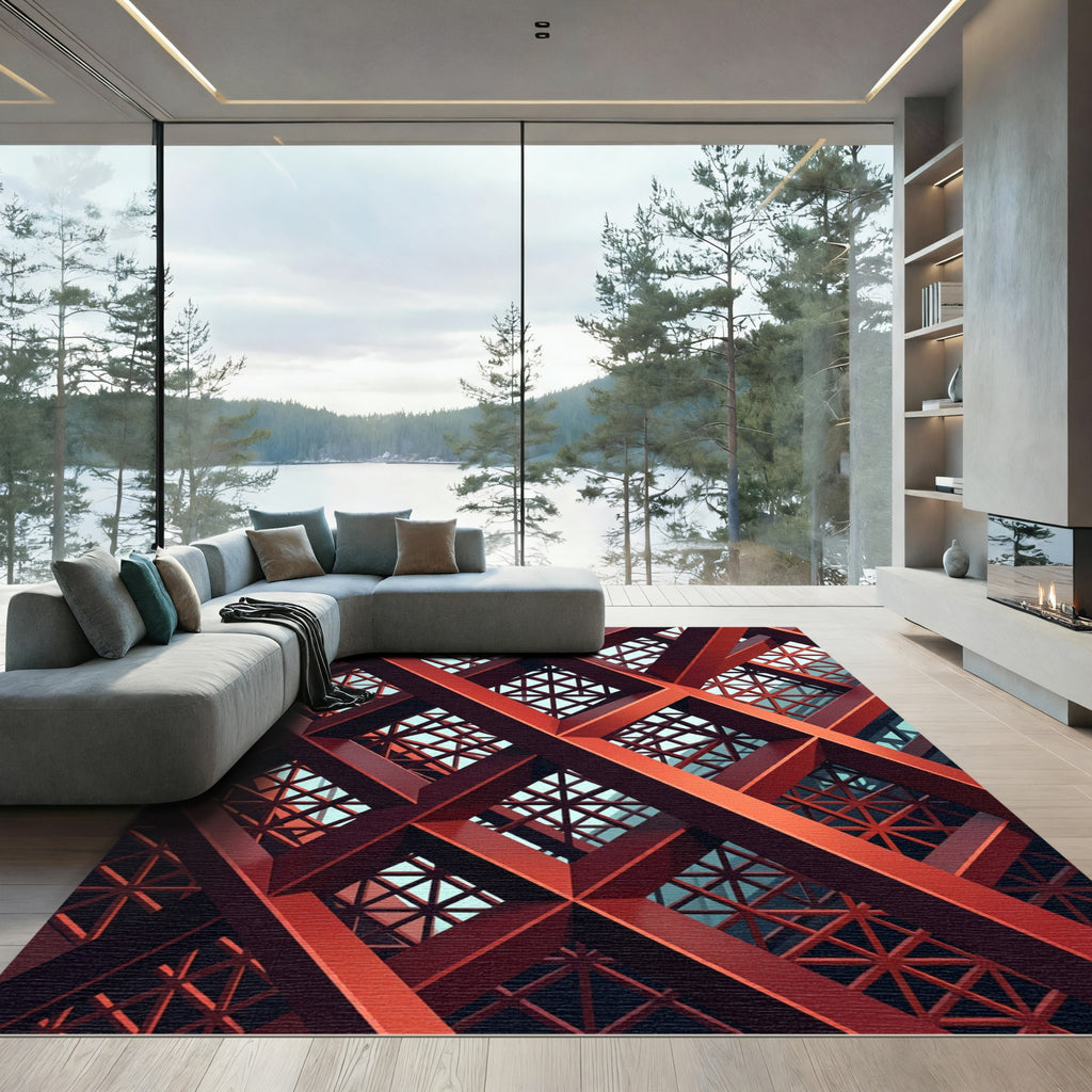 Modern Crimson Geometric Steel Lattice Rug