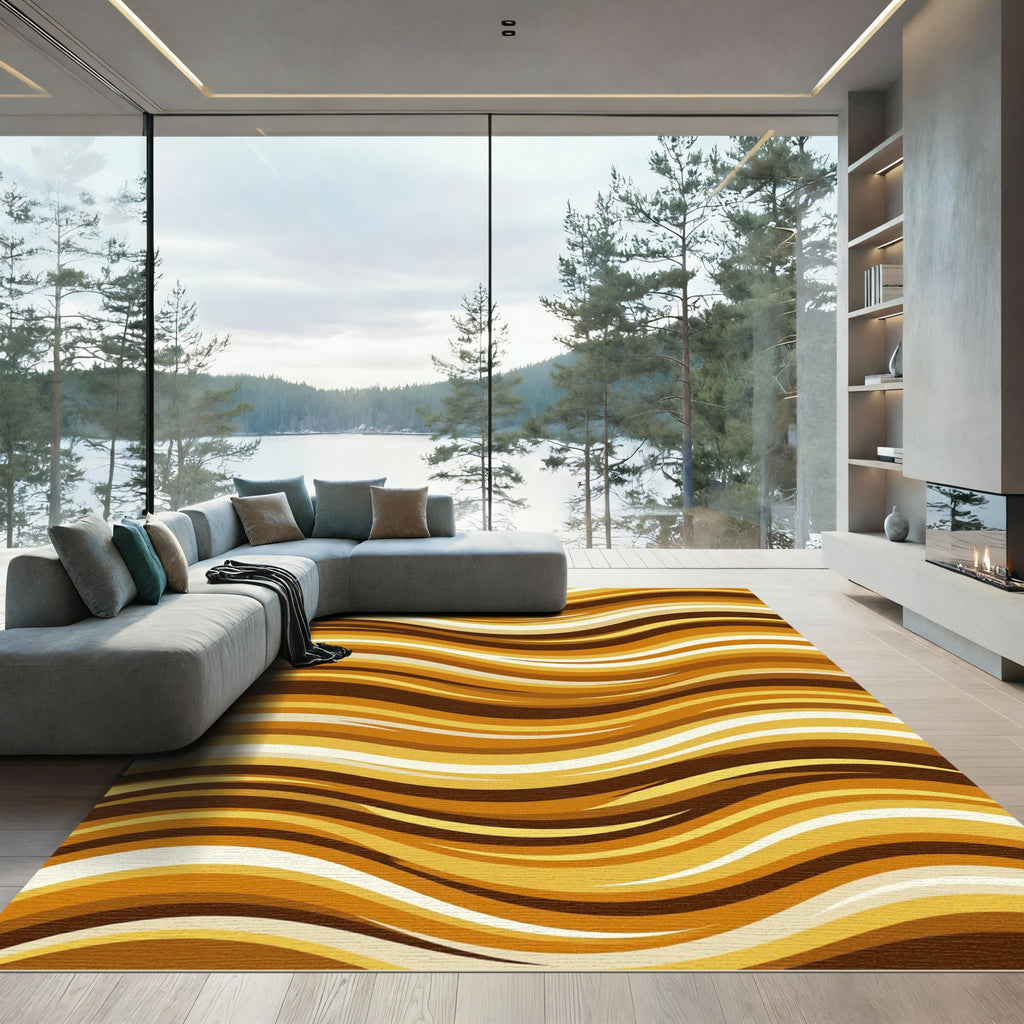 Golden Brown Wavy Swirl Abstract Rug