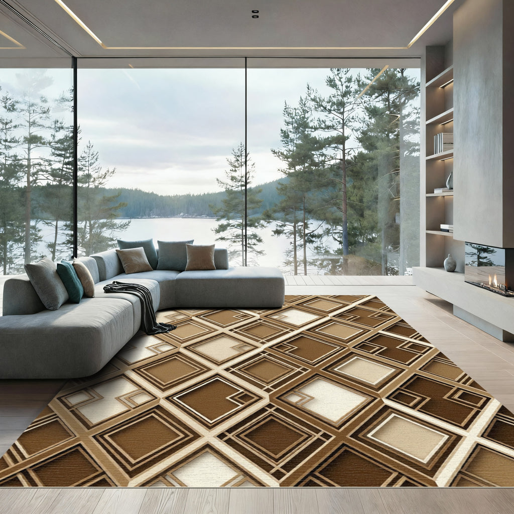 Modern Bronze Geometric Diamond Layered Rug