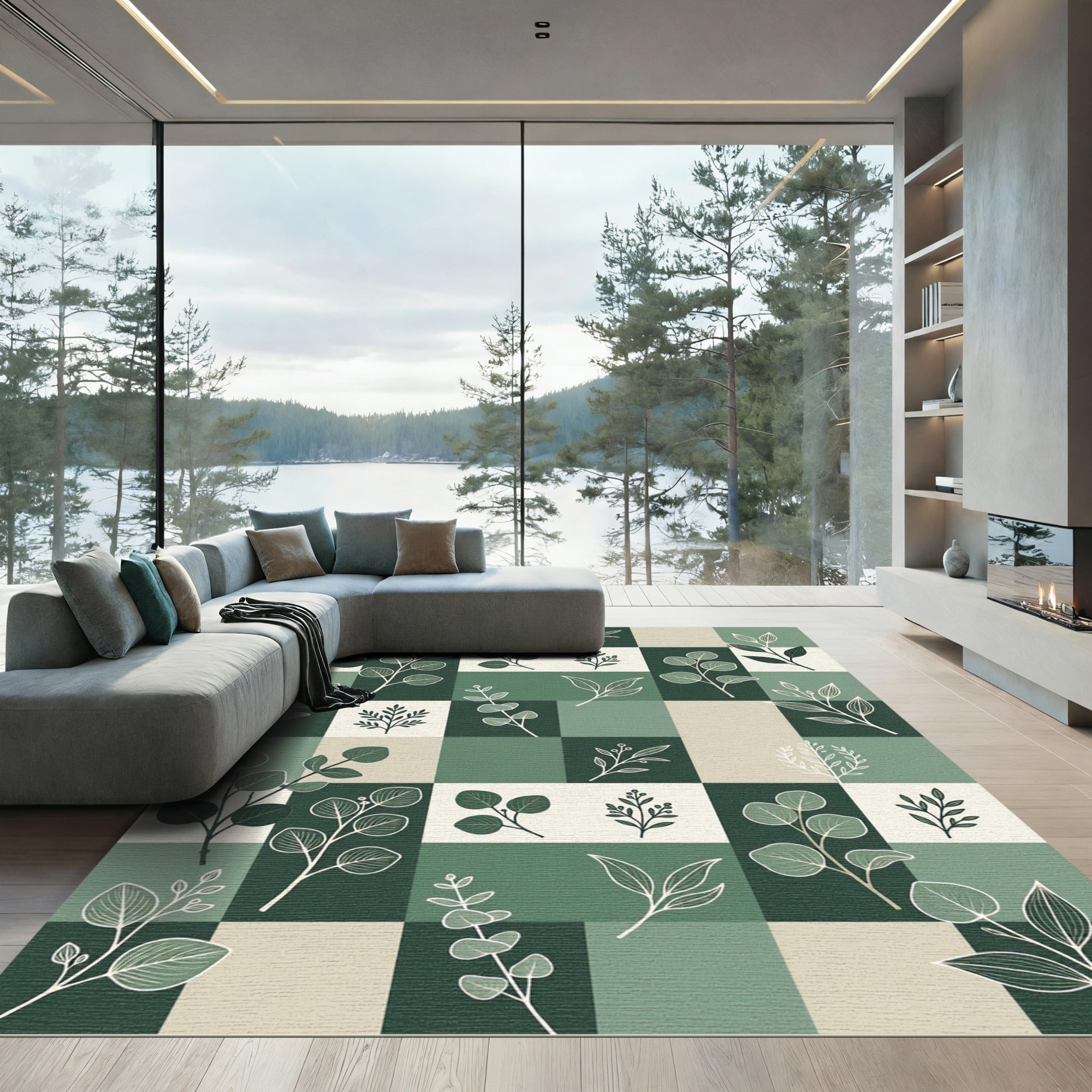 Green Contemporary Eucalyptus Leaf Arrangement Rug