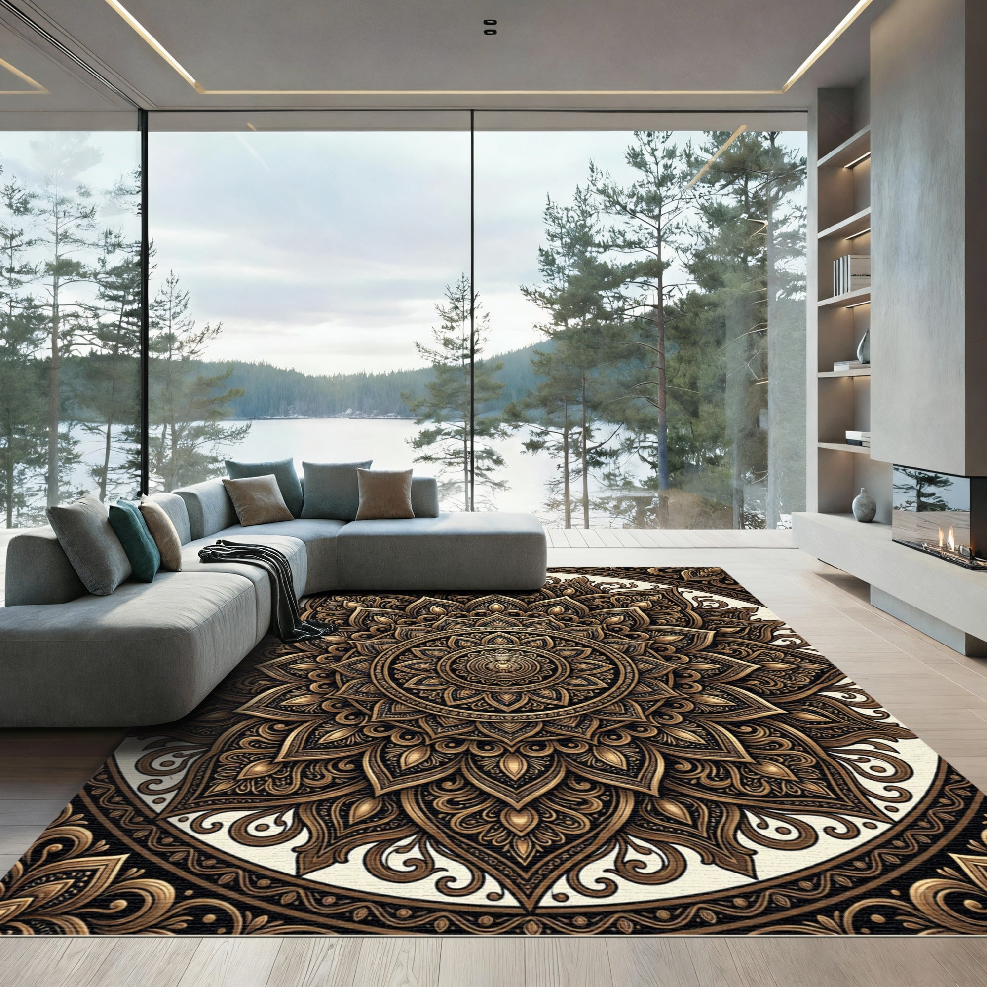 Golden Intricate Mandala Paisley Rug