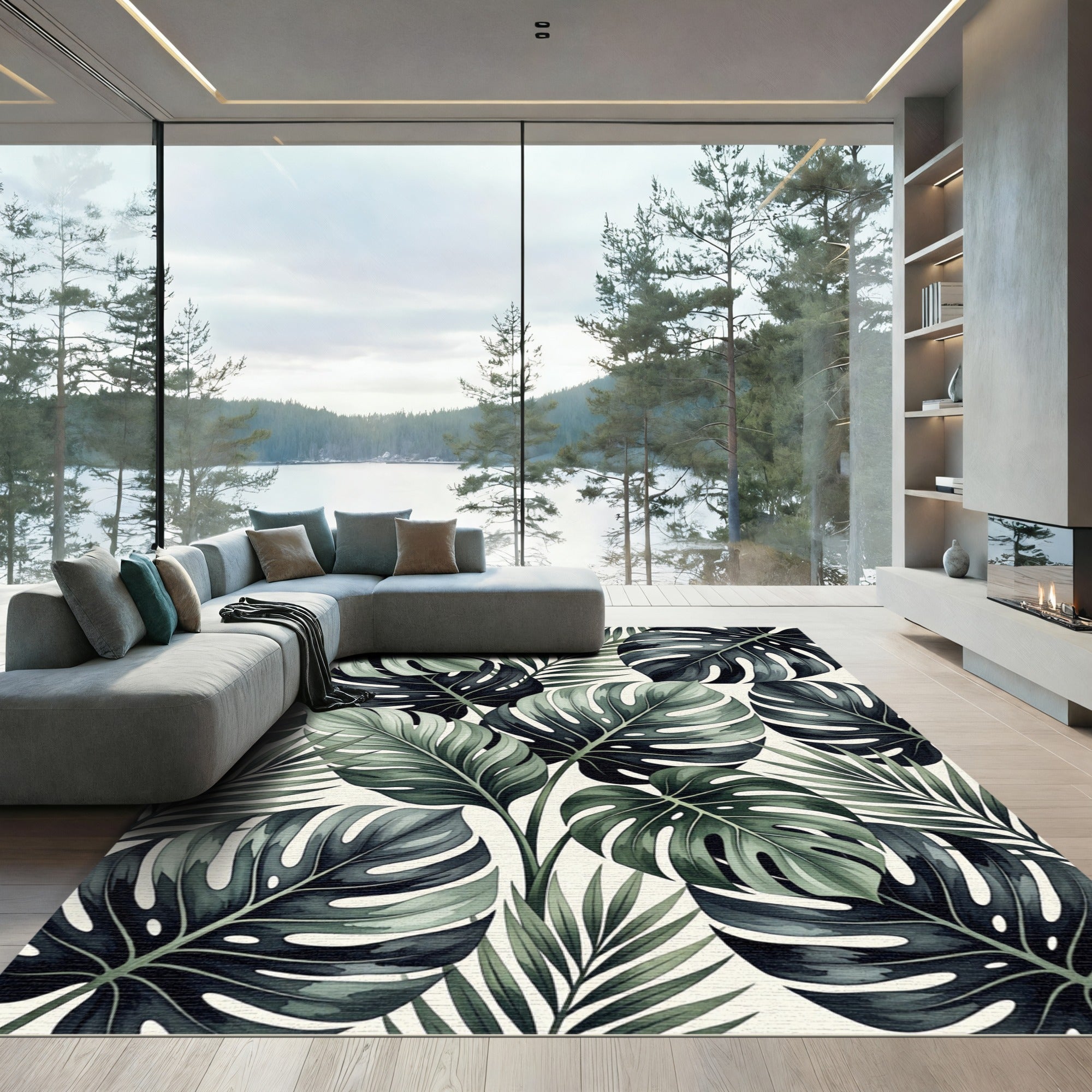 Deep Green Tropical Foliage Lush Rug