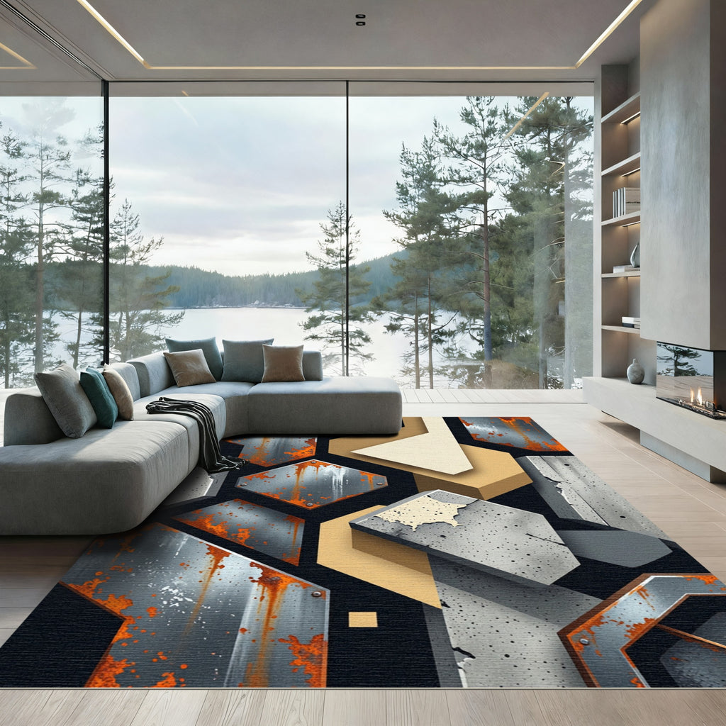 Industrial Concrete Rust Geometric Shapes Rug