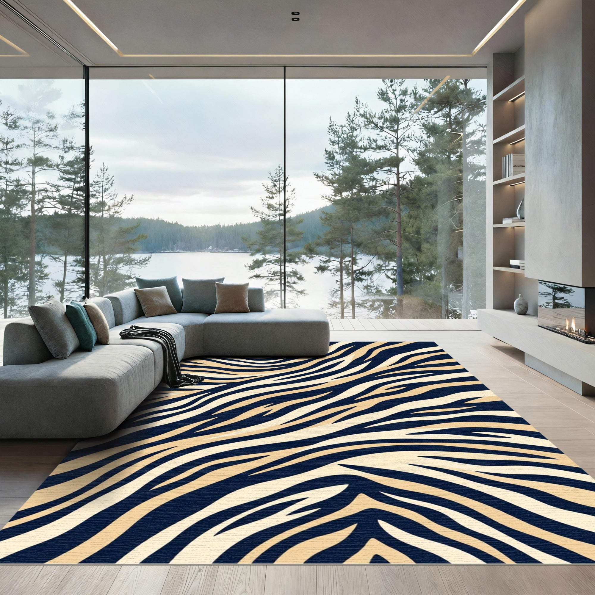 Bold Navy Cream Zebra Curves Rug