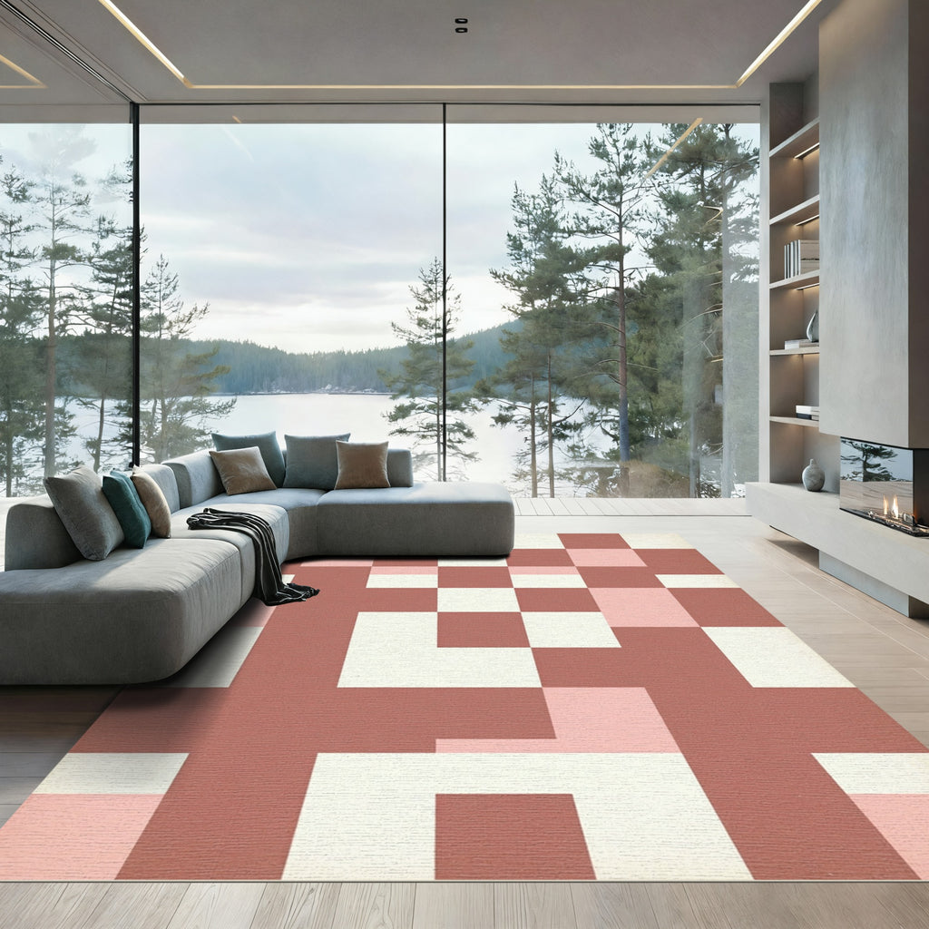 Minimalist Terracotta and Blush Geometric Grid Rug