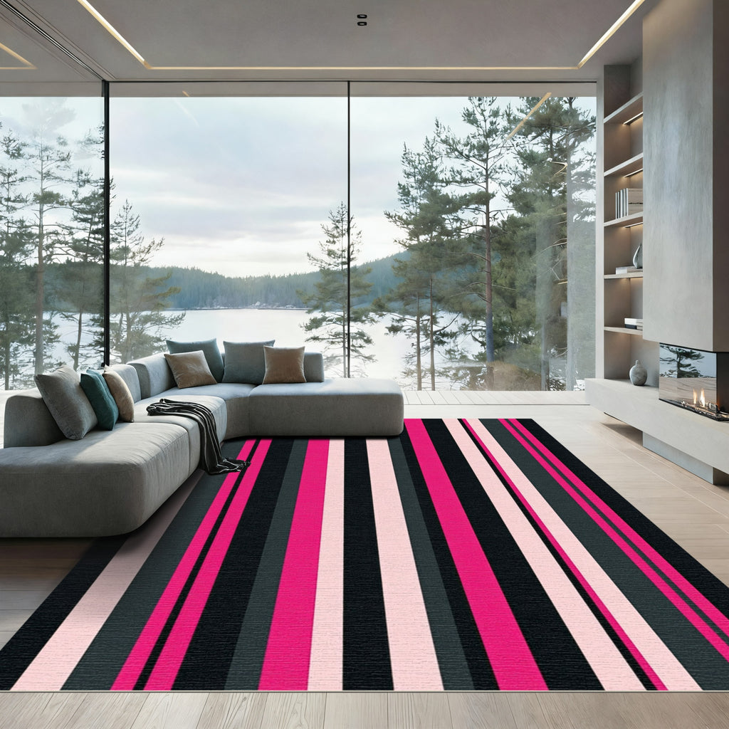 Bold Pink and Graphite Vertical Stripe Rug