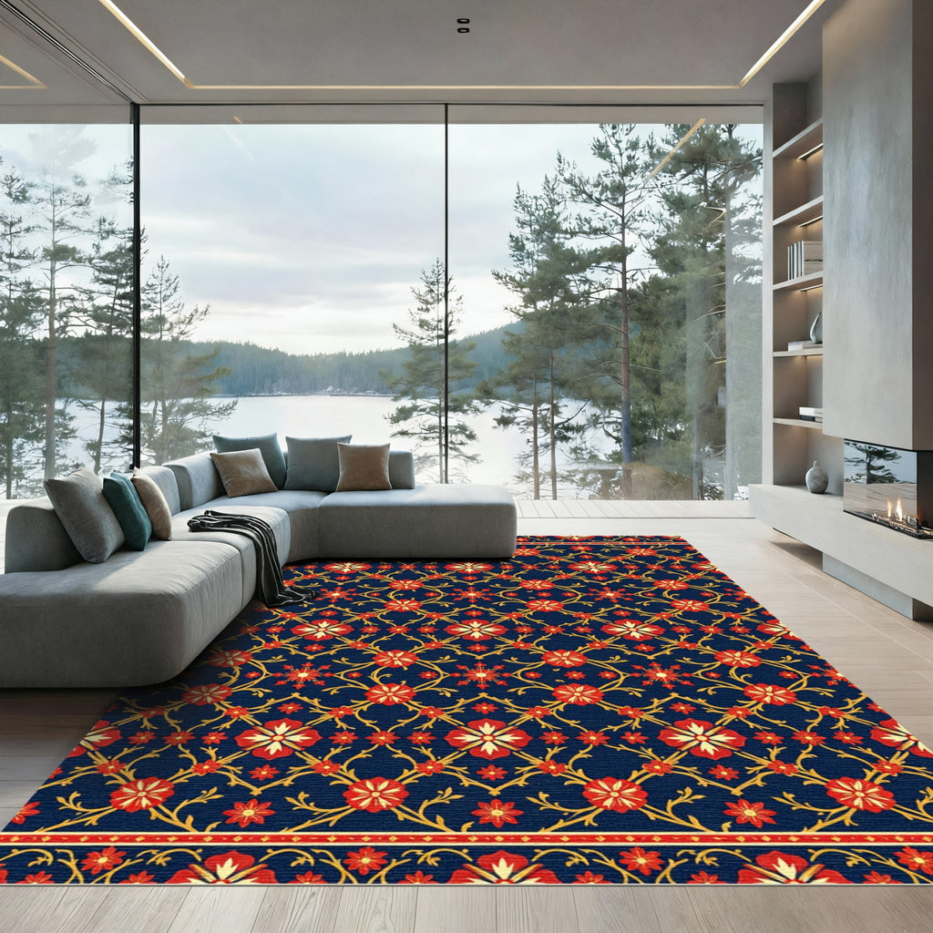 Navy Blue Floral Trellis Botanical Rug