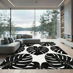 Bold Black Monstera Leaf Pattern Rug