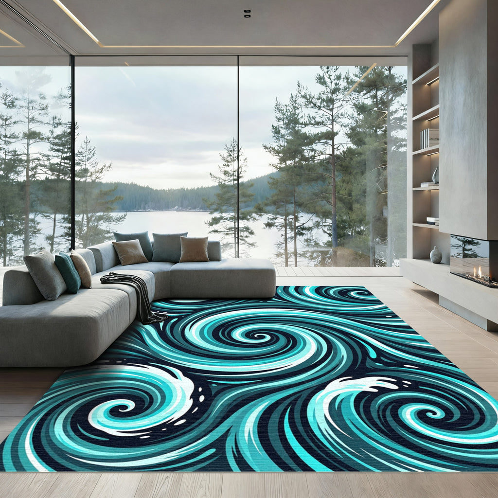 Abstract Cyan Swirl Ocean Wave Art Rug