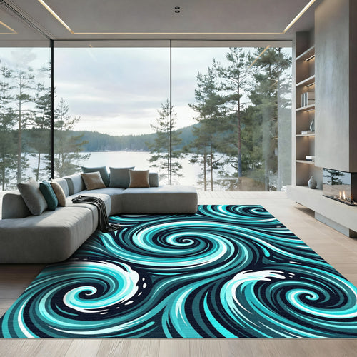 Abstract Cyan Swirl Ocean Wave Art Rug