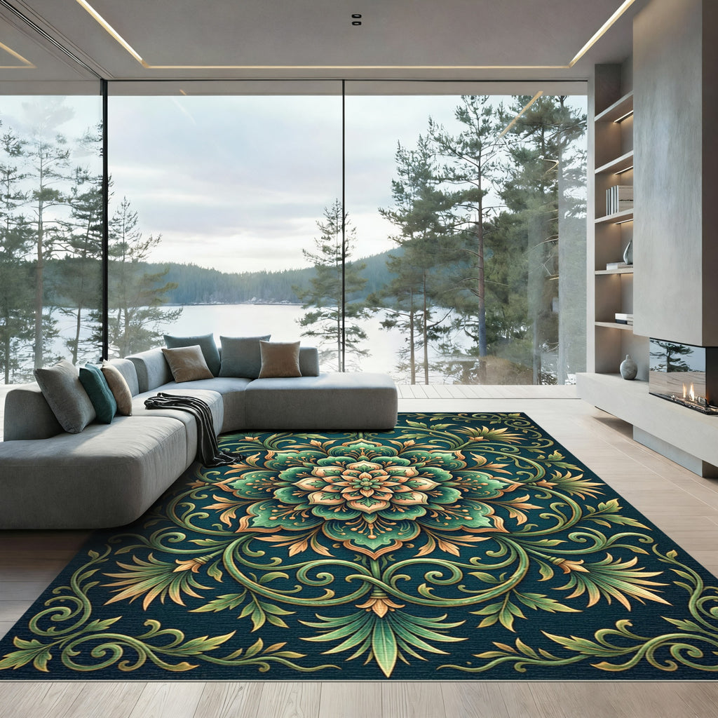 Emerald Verdant Floral Ornate Medallion Rug