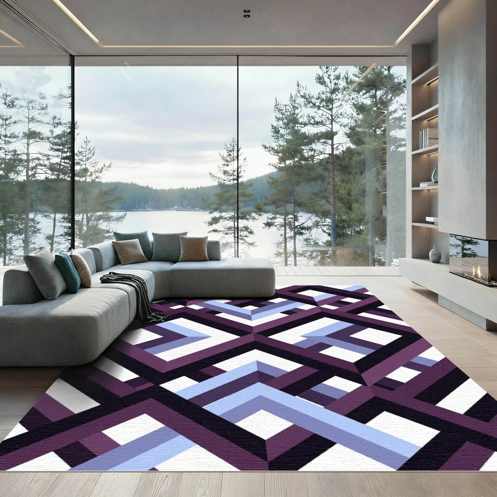 Geometric Violet and Blue Interlocking Squares Rug