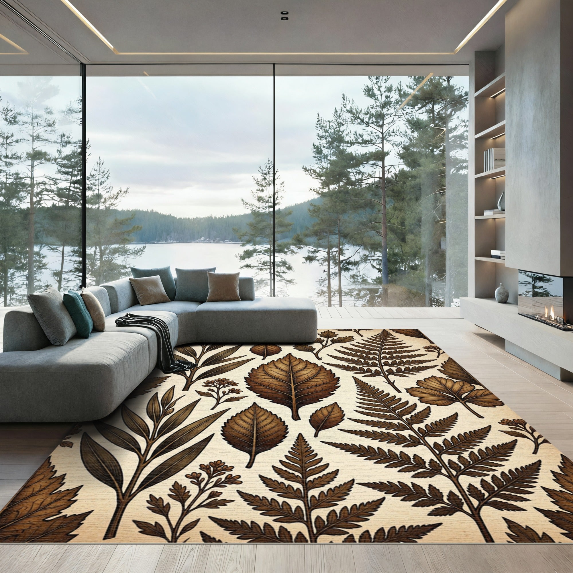 Monochromatic Brown Botanical Leaf Collage Rug