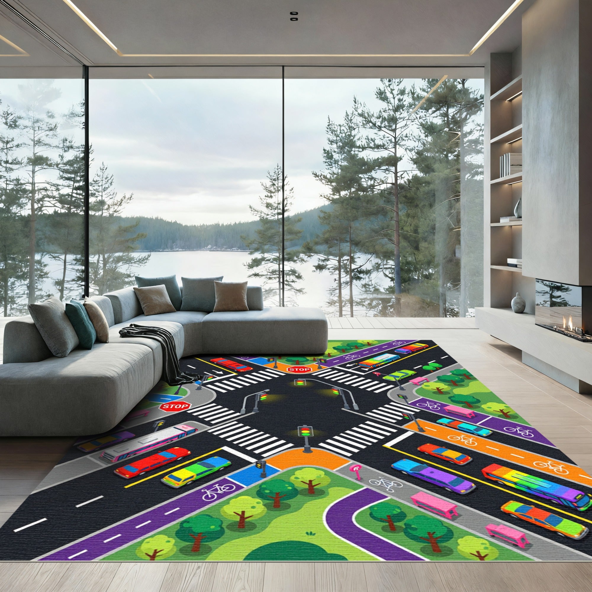 Vibrant Isometric City Traffic Street Grid Rug