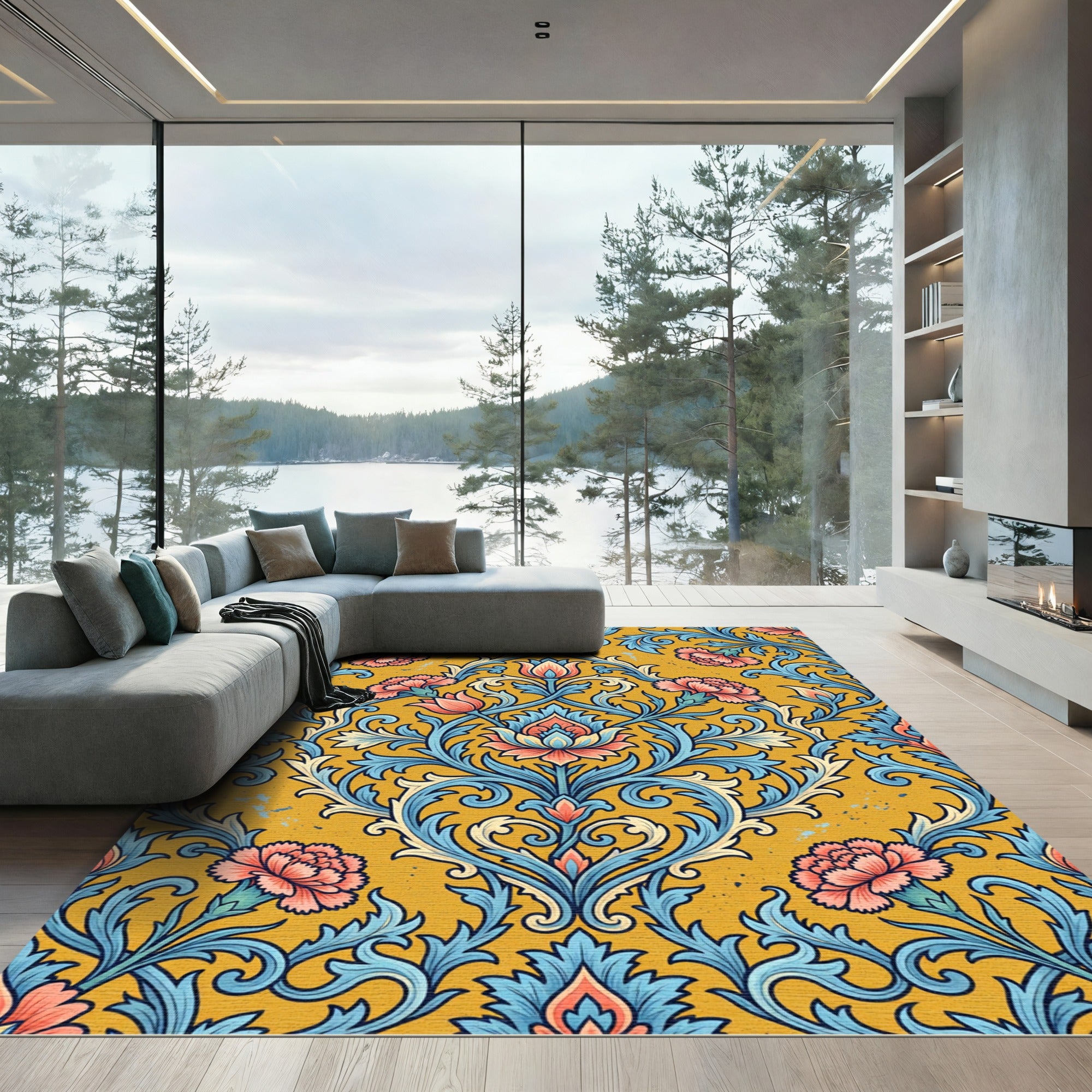 Golden Ochre Carnation Damask Floral Scroll Rug