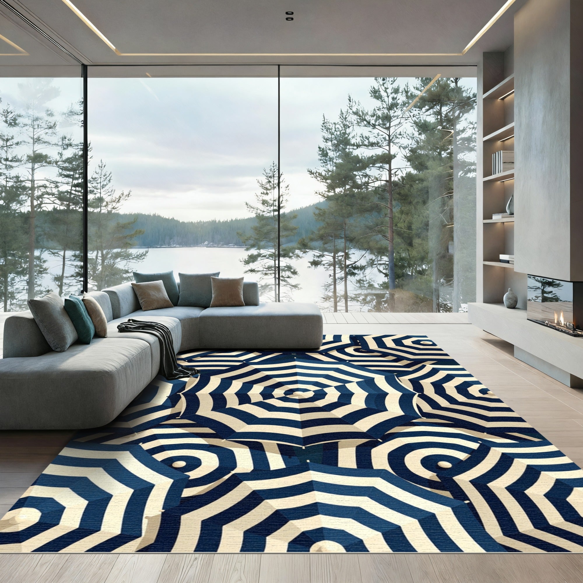 Navy Blue and Cream Striped Umbrella Rug