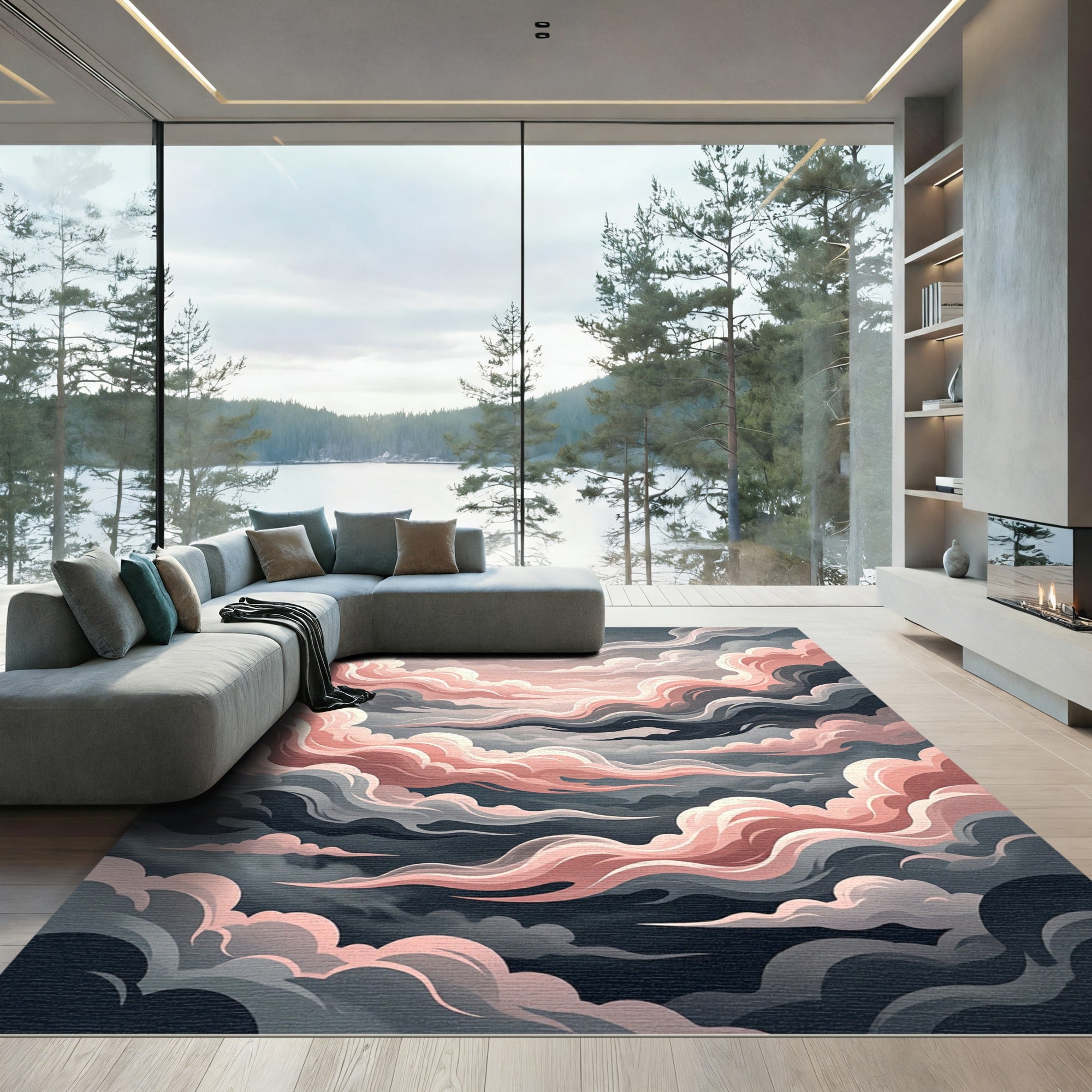 Rosy Cloudscape Whimsical Swirl Rug