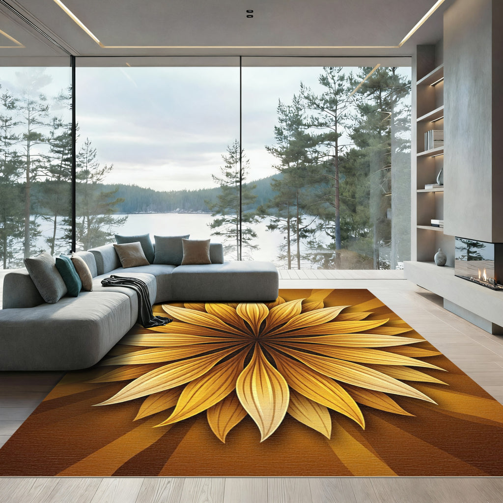 Golden Radiant Sunburst Floral Medallion Rug