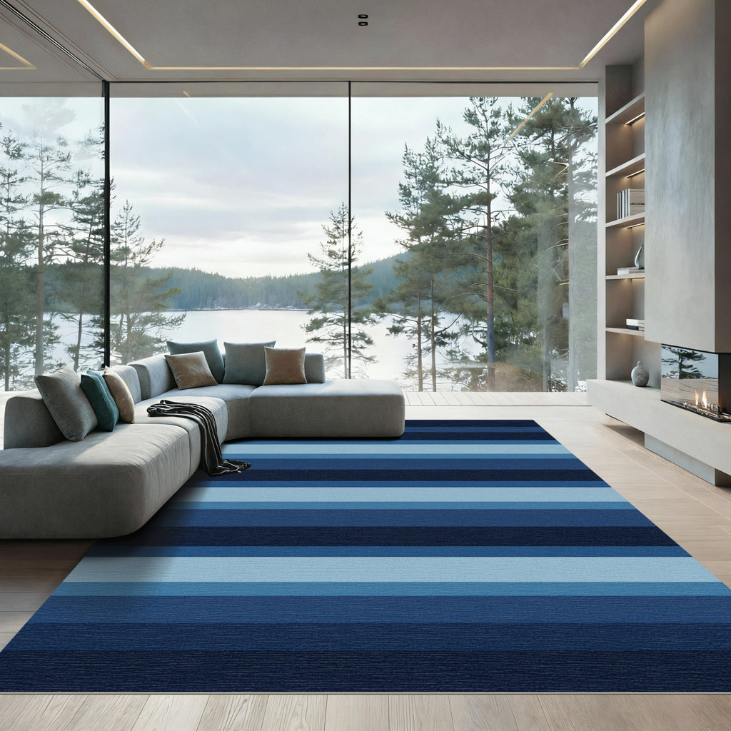 Modern Navy and Sky Blue Stripes Rug