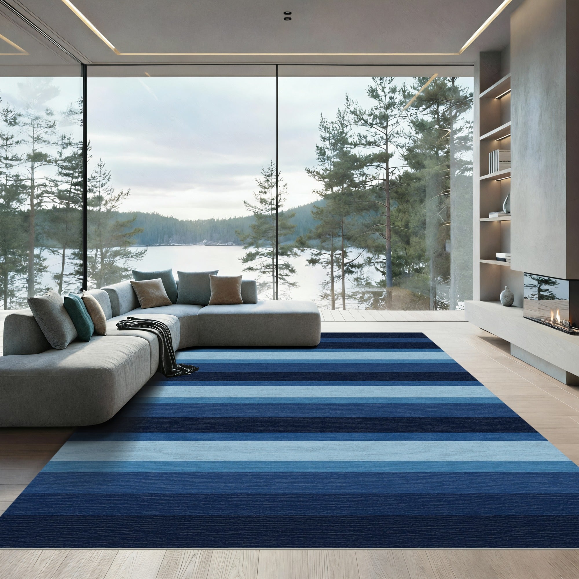 Modern Navy and Sky Blue Stripes Rug