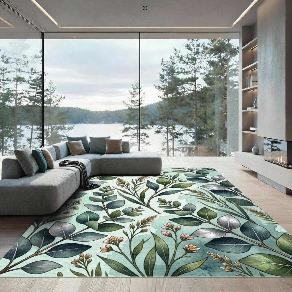 Eucalyptus Leaves Watercolor Botanical Design Rug