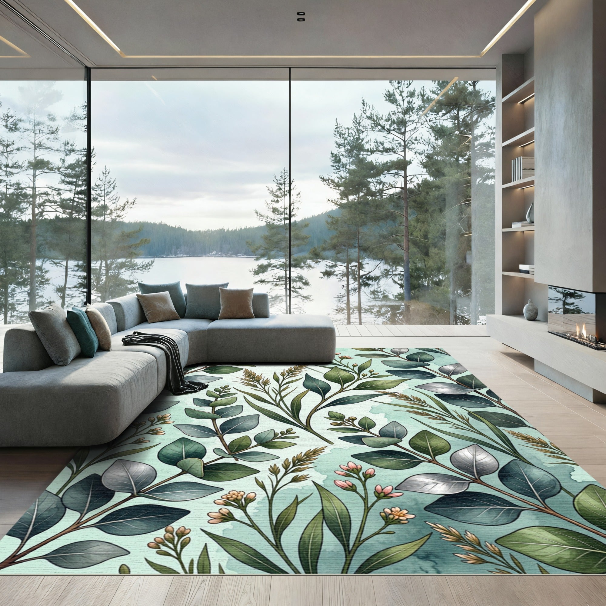Eucalyptus Leaves Watercolor Botanical Design Rug